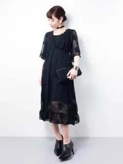 【美品】マーキュリーデュオ 刺繍レースミディワンピース/黒 結婚式 ドレス