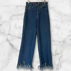 ザラ　トラファ　デニムパンツ フリンジ裾　ブルー