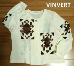 ミセス VINVERT 象 エスニック 長袖 ブラウス ホワイト バックプリント