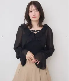 フリル付きシースルーブラウス ブラック フリー