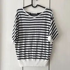 ボーダー 白×ネイビー 半袖ニット Vネック✨️サマーニット