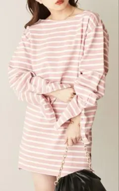 Chico長袖ワンピース　コットン100% ピンクと白のストライプ 長袖トップス