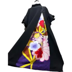 振袖 着物リメイク ドレス 黒×梅や大輪花 和柄 ワンピース