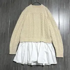 ケーブル編みニット 異素材ドッキングチュニック　アイボリー　白　重め