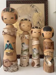 24-35cm まとめ【レトロ木肌こけし 4体セット｜自然木・風景絵付け】