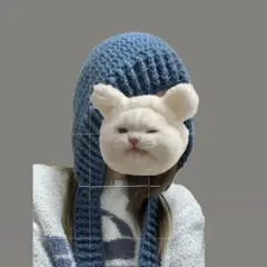 青色バラクラバ　ボンネット　かぎ針編み