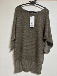 OZOC 五分袖ニット M カーキブラウン系（ゴールドラメ入り）