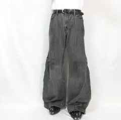 【リメイク】再構築　ブラックデニム　レザー　ルーズフレア　バギー　グランジ