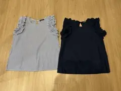 フリル袖　ノースリーブ　M ネイビー　ストライプ