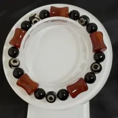 B-66 三眼天珠　モリオン　瑪瑙　ブレスレット　内径約16cm
