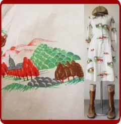 古着♪レトロ風景柄モッズワンピ70年代60年代ヴィンテージ個性的昭和アンティーク