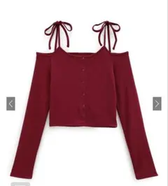GRL ショルダーリボンオフショルテレコリブトップス　レッド　S