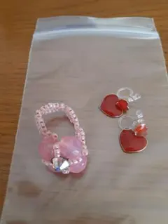 ピンクビーズ指輪&ハートイヤリング