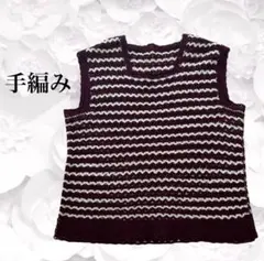手編み✨ ベスト【F】ボルドー ワインレッド ニット ボーダー スクエアネック