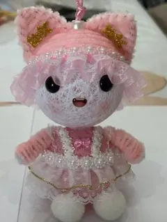 猫耳付きピンク人形 ストラップ付き
