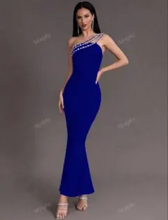 青いマーメイド　キャバドレス　パーティドレス　ワンショルダードレス　ロングドレス