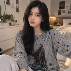 SHEIN 長袖トップス L グレー 星柄 ガールプリント