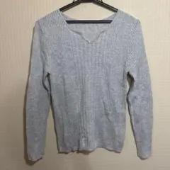 グレー リブ編み 長袖 Vネックセーターのサムネイル
