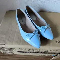 新品　水色リボン付きポインテッドトゥパンプス