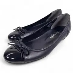 銀座カネマツ 24 フラットパンプス レザー エナメル ネイビー