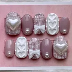 ネイルチップ　在庫処分　現品　量産型　ツイード　ピンク　白　くすみ　リボン　地雷