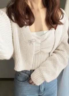 【ちいちゃん様】リボンブローチ付きカーディガン×ビスチェニットアンサンブル