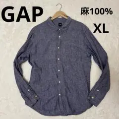 ギャップ 麻100% リネン ダークブルー レギュラーカラー 長袖シャツ