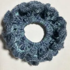 フリルシュシュ（かぎ針編み）！ブルー系コットン糸とモヘア！ヘアアクセサリー