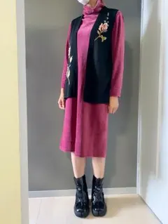 古着 ビンテージ 80s ニット ベストブラック 花柄 模様 美品