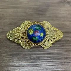 3F 昭和レトロ ヴィンテージ バレッタ 薔薇 カボション 青 髪留め ゴールド