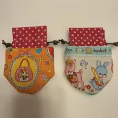 ハンドメイド ミニミニ まるい巾着 (レトロなねこちゃん キノコ 蝶
