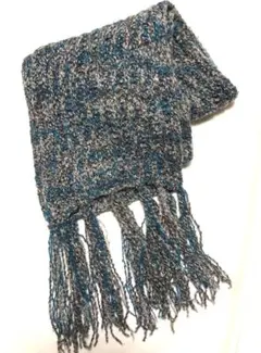 グレーと青のニットマフラー フリンジ付き　ギフト　クリスマス