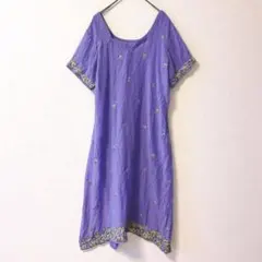 刺繍ワンピース M パープル ひざ丈 エスニック　海外古着