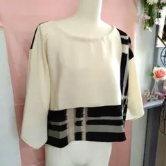 着物リメイク　紺とアイボリーのストライプ五分袖トップス