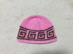 クラッシャーハット　ハンドメイド　バケットハット　ニット帽　ピンク✖️茶色