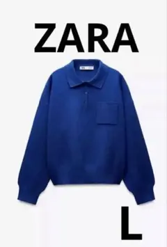 ZARA ポケット付きポロセーター ポロネックニット ブルー Lサイズ