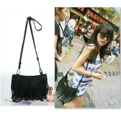 ショルダーバッグ レディース 斜め 黒 フリンジ クラッチ レザー