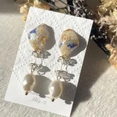 ドライフラワー（ブルー系）×揺れるビーズチャーム　ピアス　イヤリング