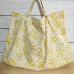 ミモザ柄(生成·綿かす残し) ハンドメイド　エコバッグ