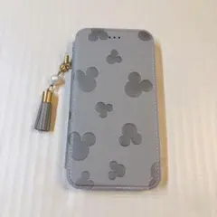 iPhone 15 保護 ケース ミッキー シルバー かわいい 手帳型 グレー