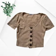 ZARA TRF リブニット 半袖クロップドトップス 茶系 オープンフロント Mのサムネイル