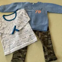 青色トレーナーと迷彩レギンスセット