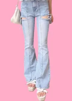美品 Sサイズ INGNI サイドリボン カットアウト フレアデニムパンツ