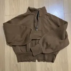ブラウン　裏起毛 ハーフジップ クロップド トレーナー