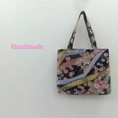『ハンドメイド』小さなトートバッグ 和柄 花柄 黒地 手提げ