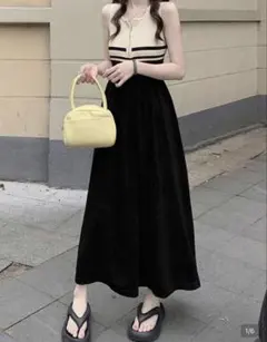 shein バイカラー ノースリーブ ニットワンピース ロング丈