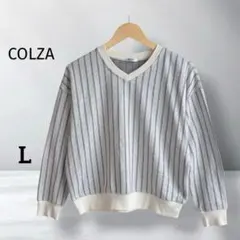 【コルザ】ストライプ柄Vネックニットセーター リブ袖 ゆったり カジュアル L