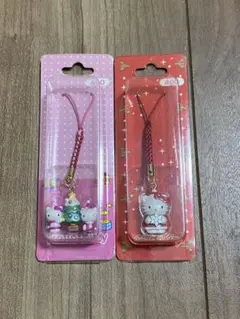 ハローキティ クリスマスツリー 雪 2002 ストラップ 根付け2個セット