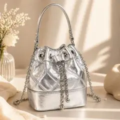 シルバー 巾着バッグ 2WAY チェーンバッグ 韓国風 ミニバッグ