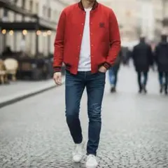 激レア✨️90s ポロラルフローレン ウールスタジャン 重ねロゴ刺繍 レッド L